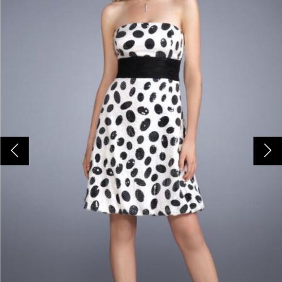 La Femme sequined, printed cocktail dress w/ black waistband + strapless bodice - Picture 1 of 13